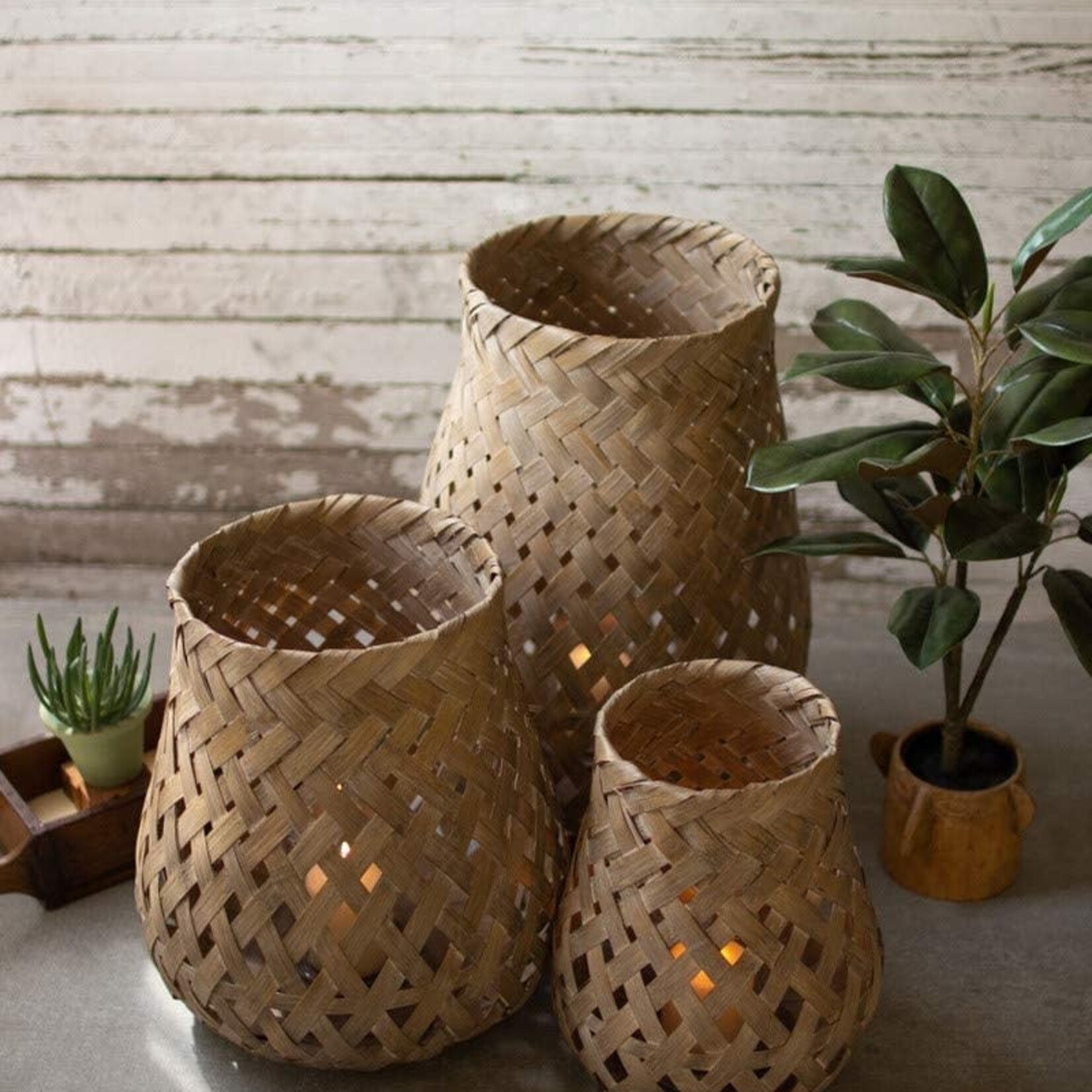 Woven Bamboo Lantern w/ Glass, Large