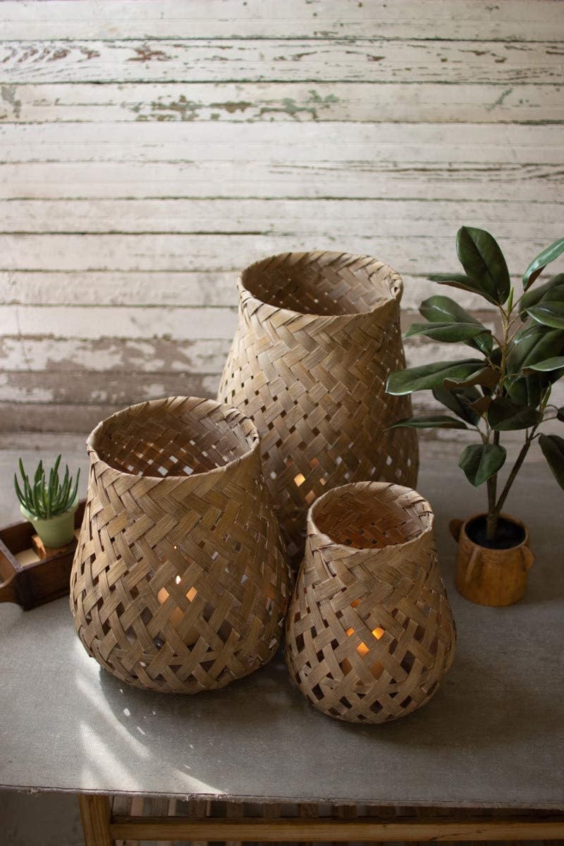 Woven Bamboo Lantern w/ Glass, Medium