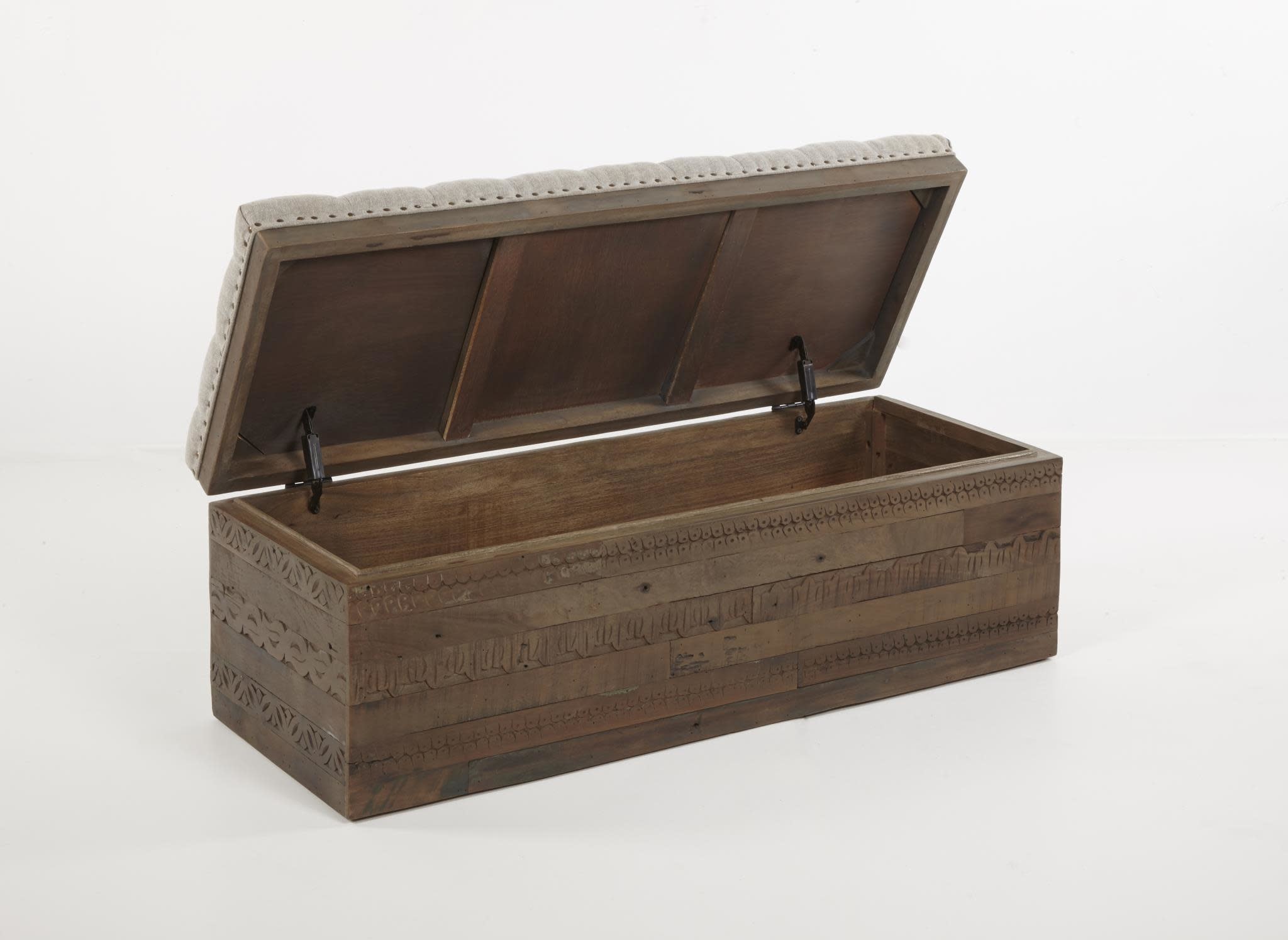 Advika Storage Ottoman Bench, Ankara Carved, Grey Linen, 47 X 18 X 17, Furniture Available for Local Delivery or Pick Up