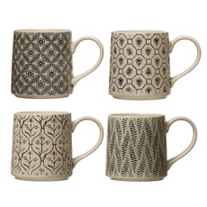 Hand-Stamped Stoneware Mug w/ Embossed Pattern, Black & Cream Color, 4 Styles
