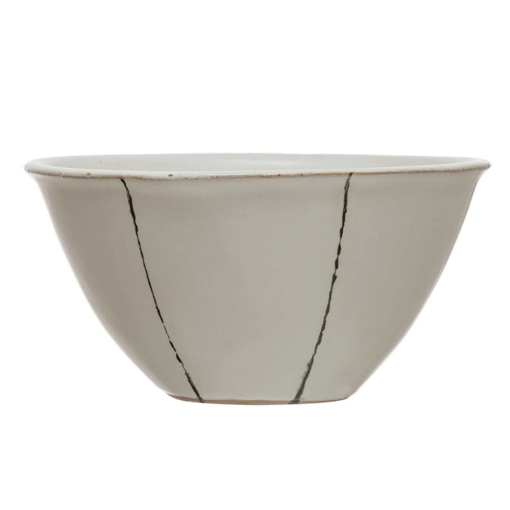 5" Round Stoneware Bowl, Matte White w/ Black Stripes (Each One Will Vary)
