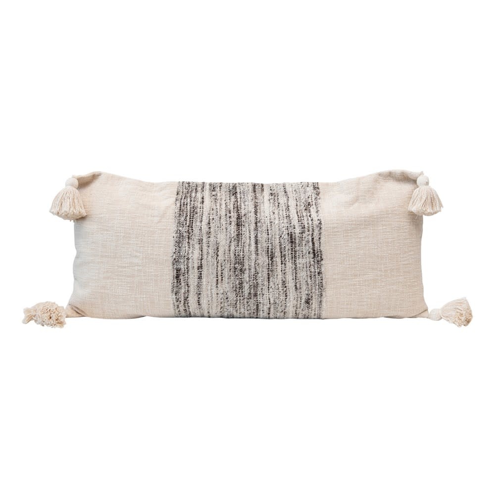 Cotton Lumbar Pillow w/ Variegated Grey Yarns & Tassels, Cream Color