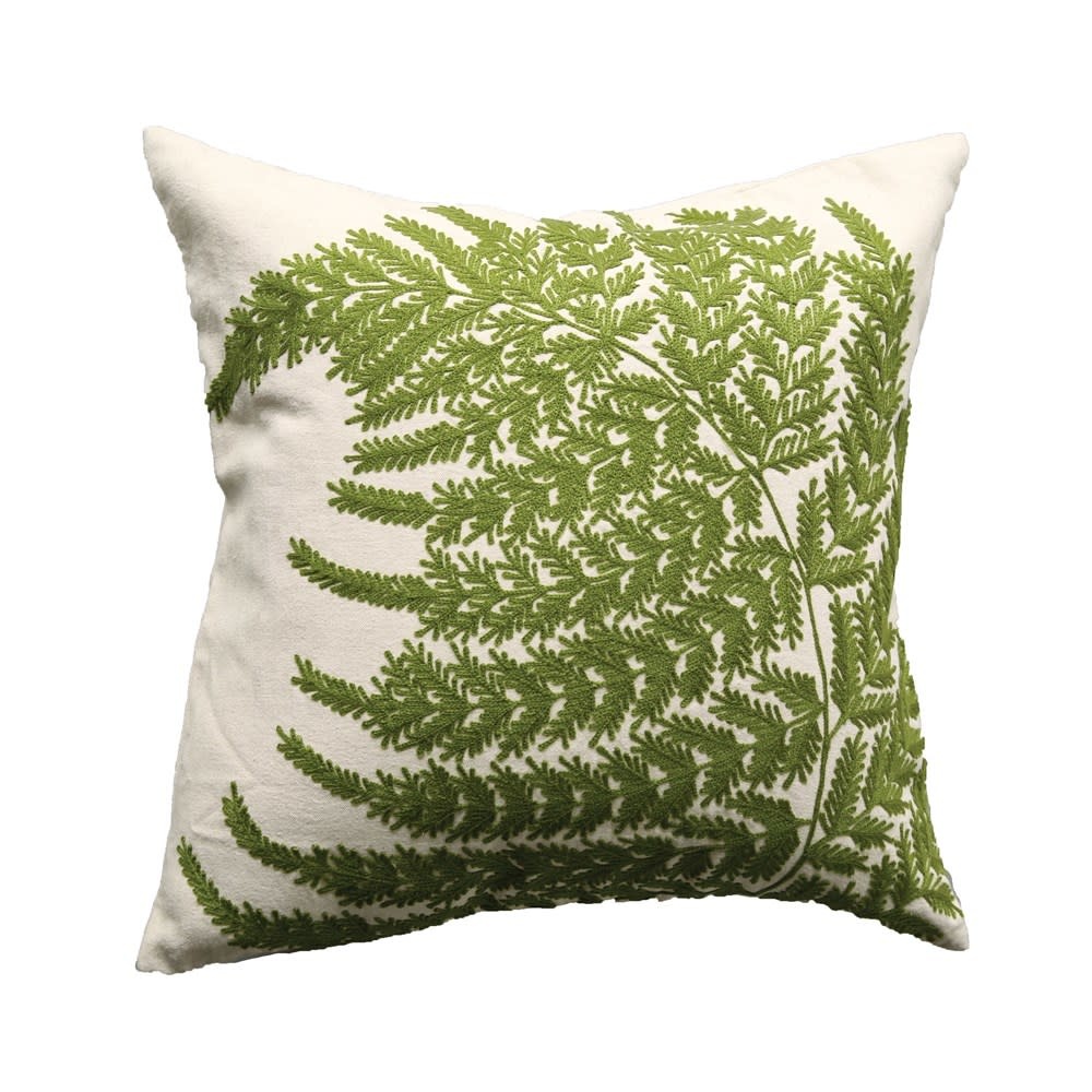 20" Square Cotton Pillow w/ Fern Fronds Embroidery
