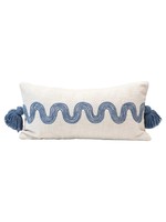 24"L x 12"H Cotton Lumbar Pillow w/ Embroidered Curved Pattern & Tassels, Cream Color & Blue