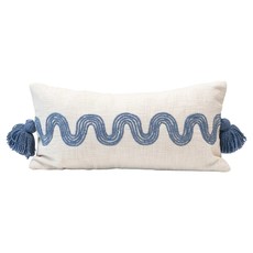 Cotton Lumbar Pillow w/ Embroidered Curved Pattern & Tassels, Cream & Blue