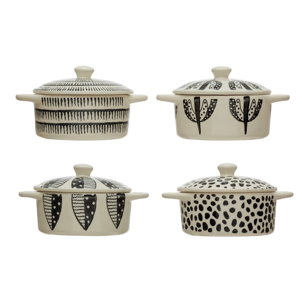 Stoneware Mini Baker w/ Lid & Pattern, Black & White, 7â€ x 5â€