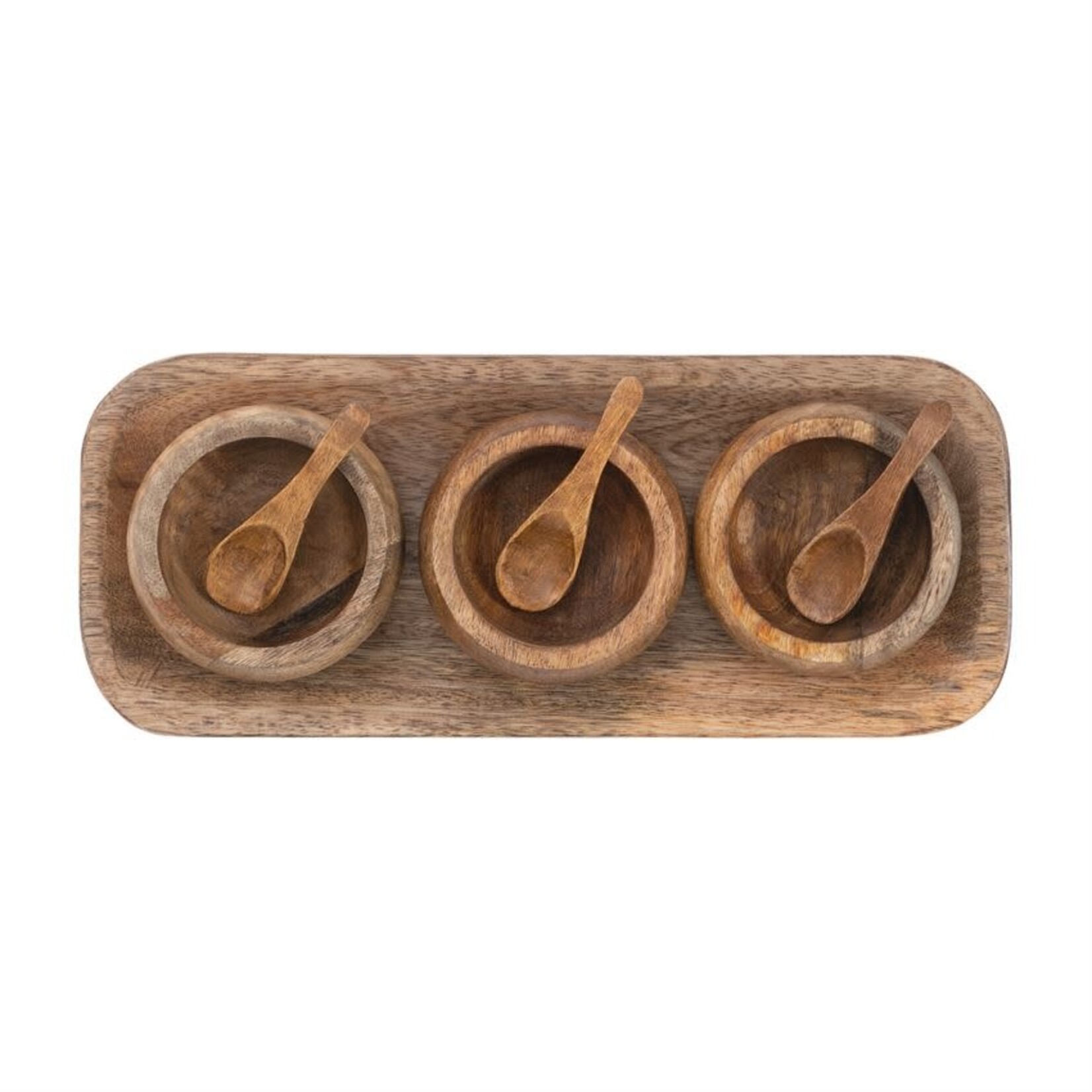 Mango Wood Tray w/ 3 Bowls & 3 Spoons, 13-1/2"L x 5-1/2"W x 2"H