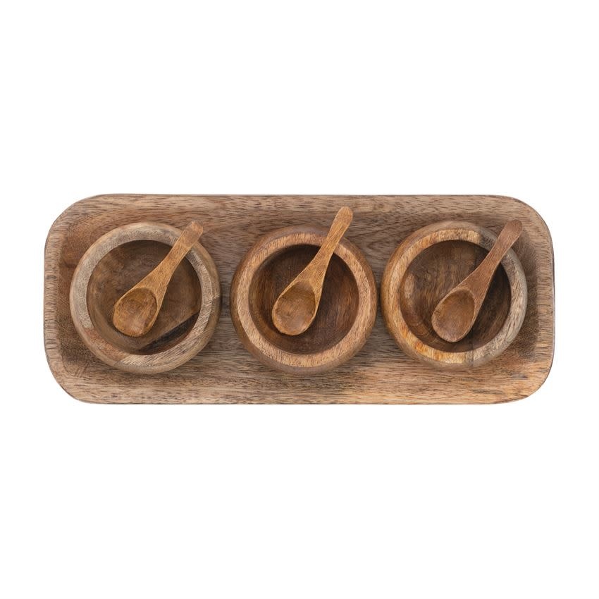 Mango Wood Tray w/ 3 Bowls & 3 Spoons, 13-1/2"L x 5-1/2"W x 2"H