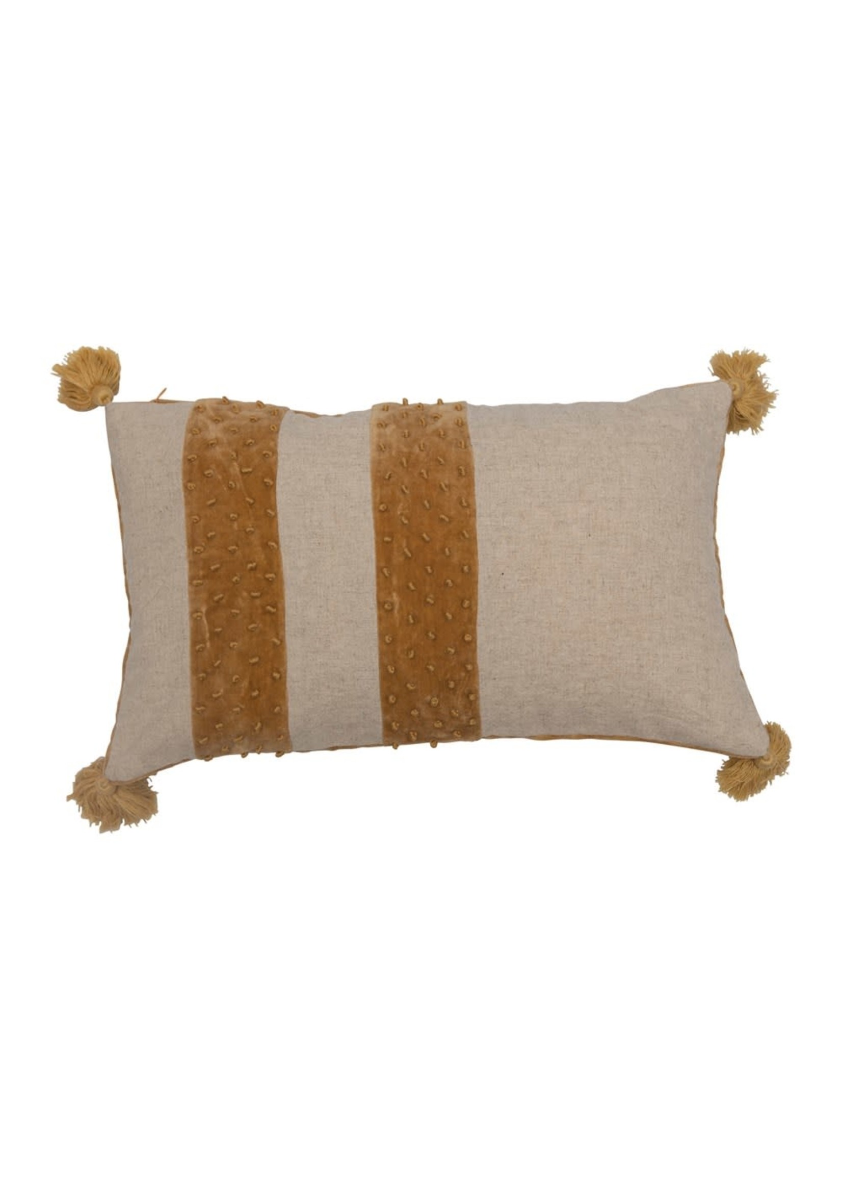 Cotton Lumbar Pillow w/ French Knots, Tassels, Velvet Stripes & Back, Natural & Mustard Color