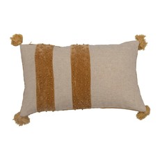 Cotton Lumbar Pillow w/ French Knots & Tassels, Mustard & Beige