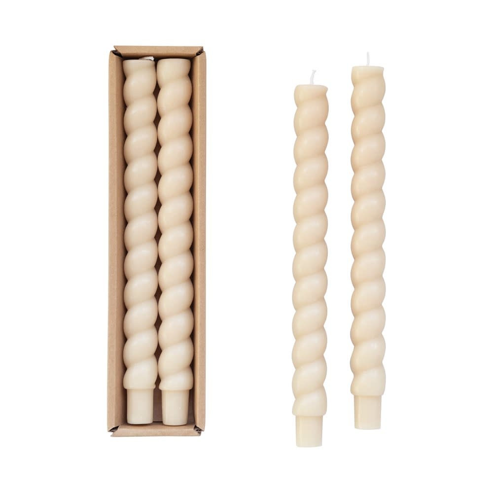 Unscented Twisted Taper Candles In Box, Cream Color, Set of 2