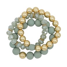 Set of Three Mint Clay, Crystal, and Gold Stretch Bracelet