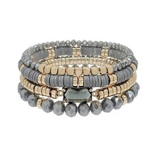 Grey Crystal, Clay, and Gold Set of 4 Stretch Bracelets