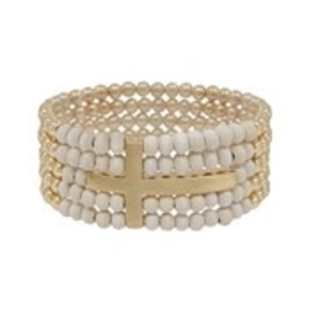 Gold and White Wood 5 Row Cross Stretch Bracelet