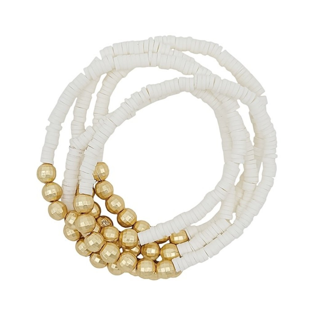 White Rubber and Gold Beaded Stretch Bracelet, Set of 5