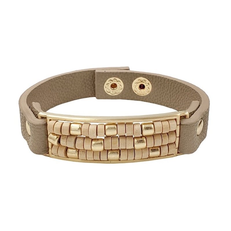 Natural Wood Beaded and Gold on Natural Leather Snap Bracelet