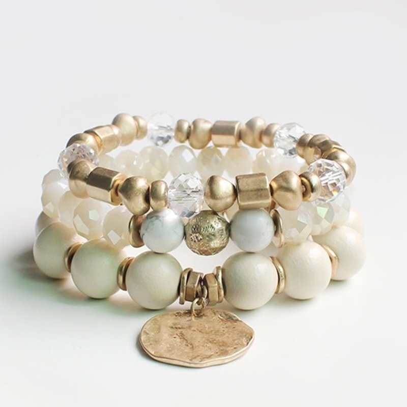 White Natural, Gold, and Natural Stone Stretch Bracelet, Set of Three