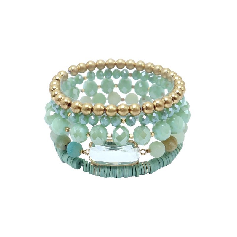 Mint Crystal, Natural Stone, and Gold Stretch Bracelets, Set of 5