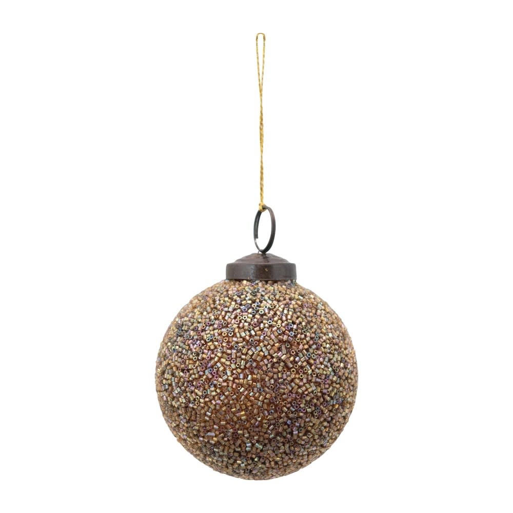 Glass Ball Ornament w/ Glass Seed Beads, Iridescent Gold Color 3" Round