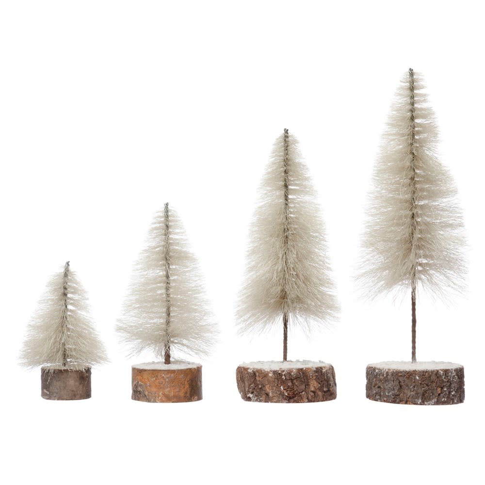 Fabric String Trees w/ Wood Slice Bases, Cream Color, Set of 4 4"H - 10"H
