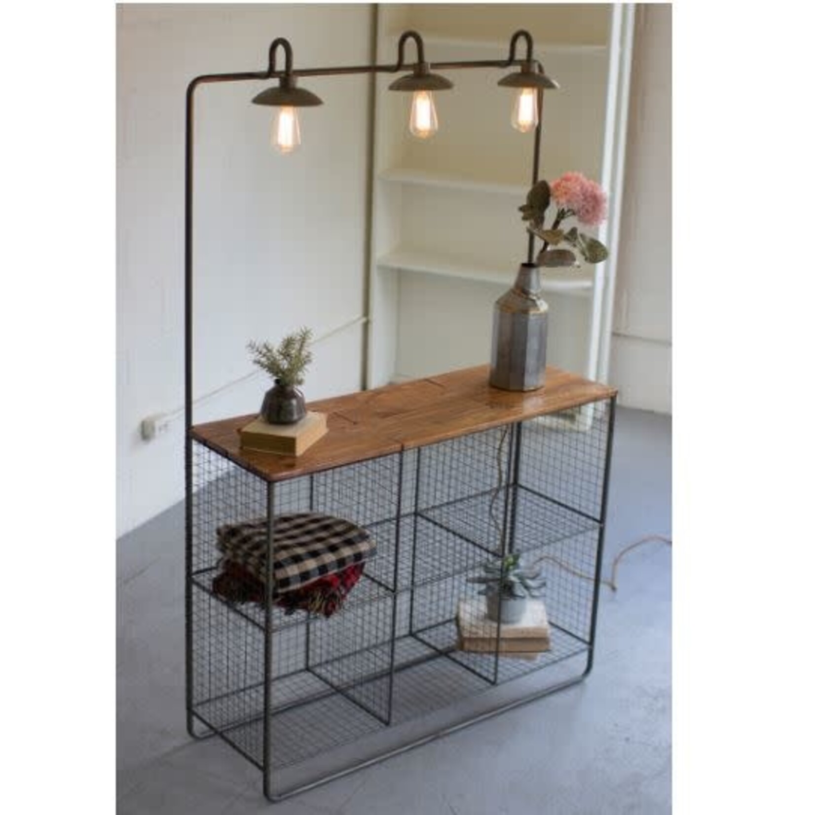 Wall Display w/ Three Lights - Six Wire Cubbies & Wood Shelf