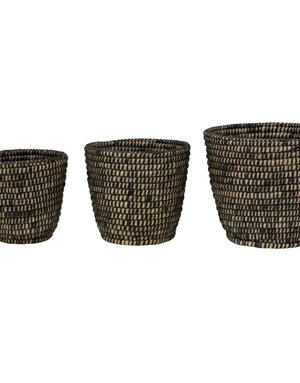 Hand-Woven Grass Basket MD, Black 9.75" Round x 9" & 7.75"