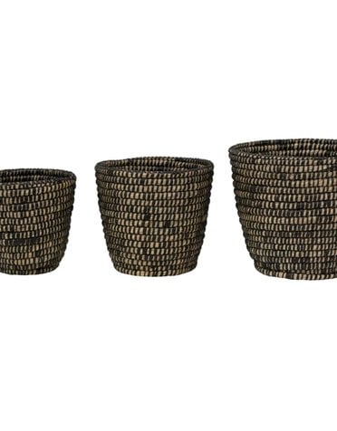 Hand-Woven Grass Basket MD, Black 9.75" Round x 9" & 7.75"