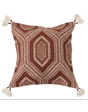 Embroidery & Tassels, Cotton Printed Pillow Rust 18" Square