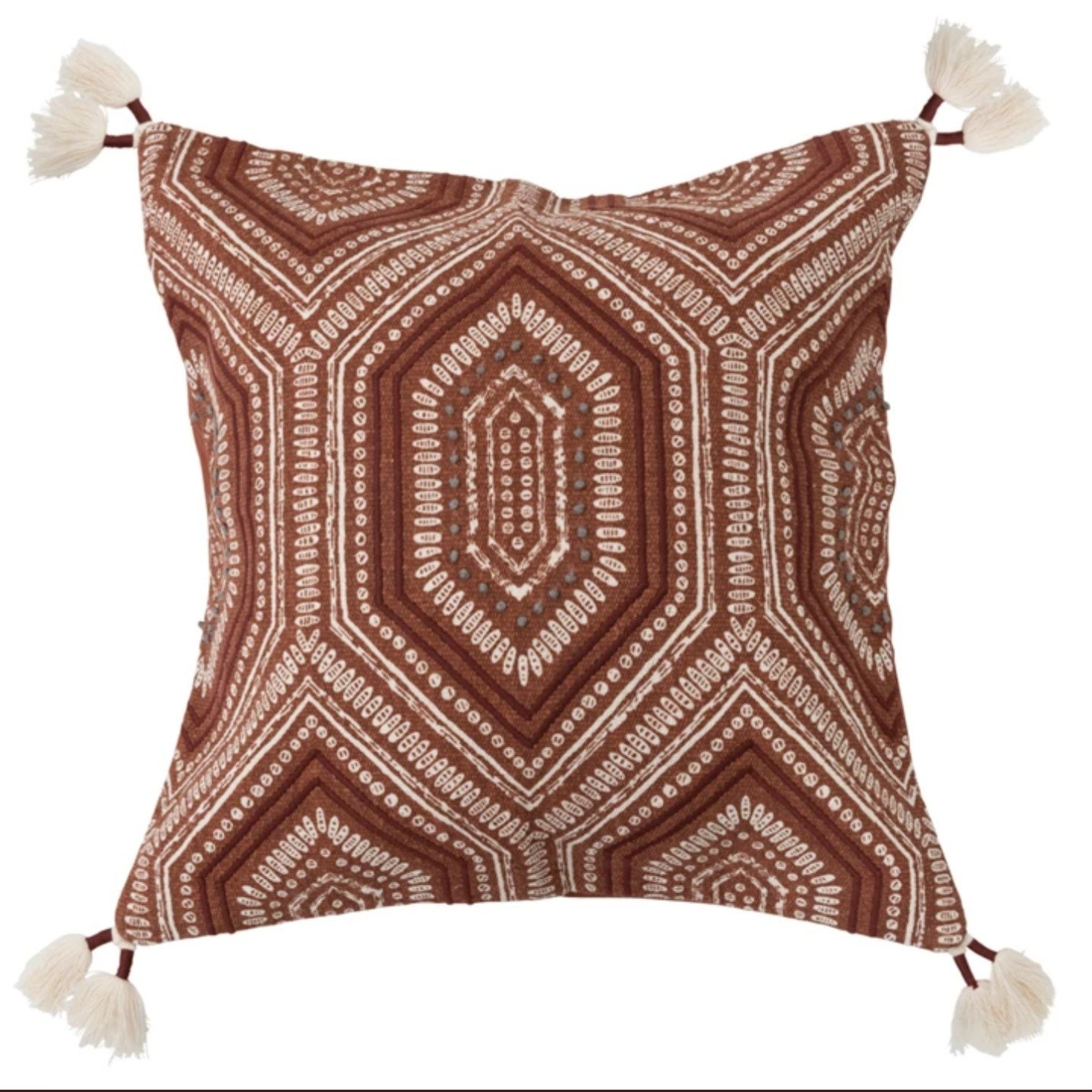 Embroidery & Tassels, Cotton Printed Pillow Rust 18" Square