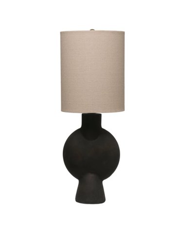 Matte Black Terracotta Lamp w/ Linen Shade, 8" x 21.5", Available for local pick up