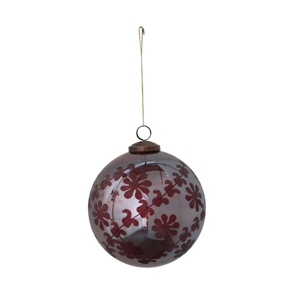 Etched Mercury Glass Ball Ornament, Iridescent Burgundy 5" Round
