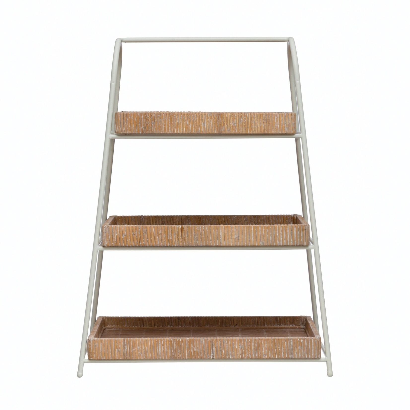 Decorative Metal, Wood & Bamboo 3-Tier Tray w/ Removable Trays, White & Natural