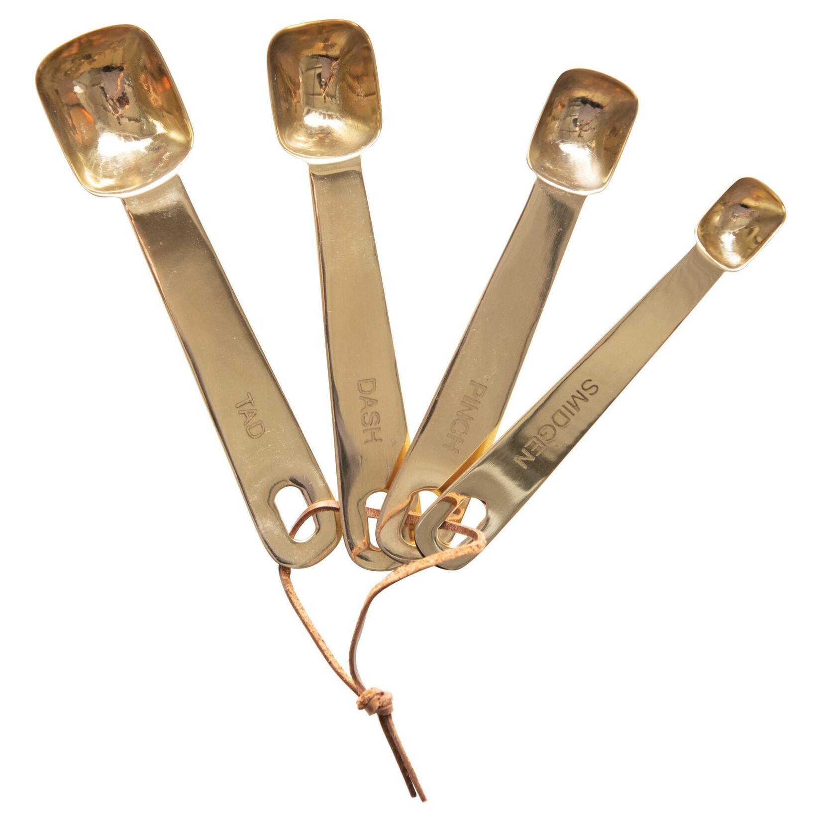 Stainless Steel Square Measuring Spoons with Leather Tie, Brass, 6"
