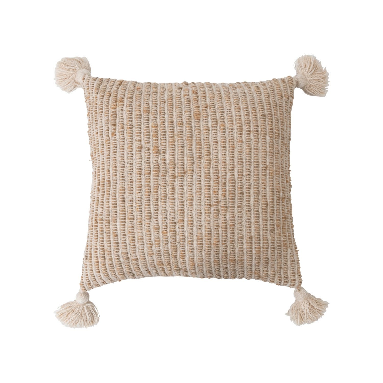 Square Woven Cotton Striped Pillow w/ Tassels, Cream & Natural, 20"
