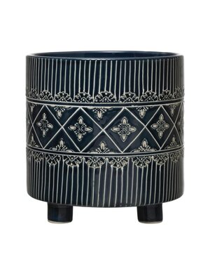 Debossed Stoneware Footed Planter w/ Pattern, Blue & White (Holds 9" Pot), Available for local pick up