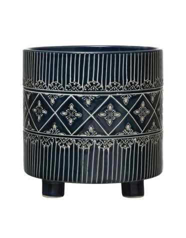 Debossed Stoneware Footed Planter w/ Pattern, Blue & White (Holds 9" Pot), Available for local pick up
