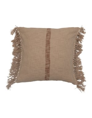 Brown Stripe & Fringe Square Cotton Slub Pillow, Natural, 20"