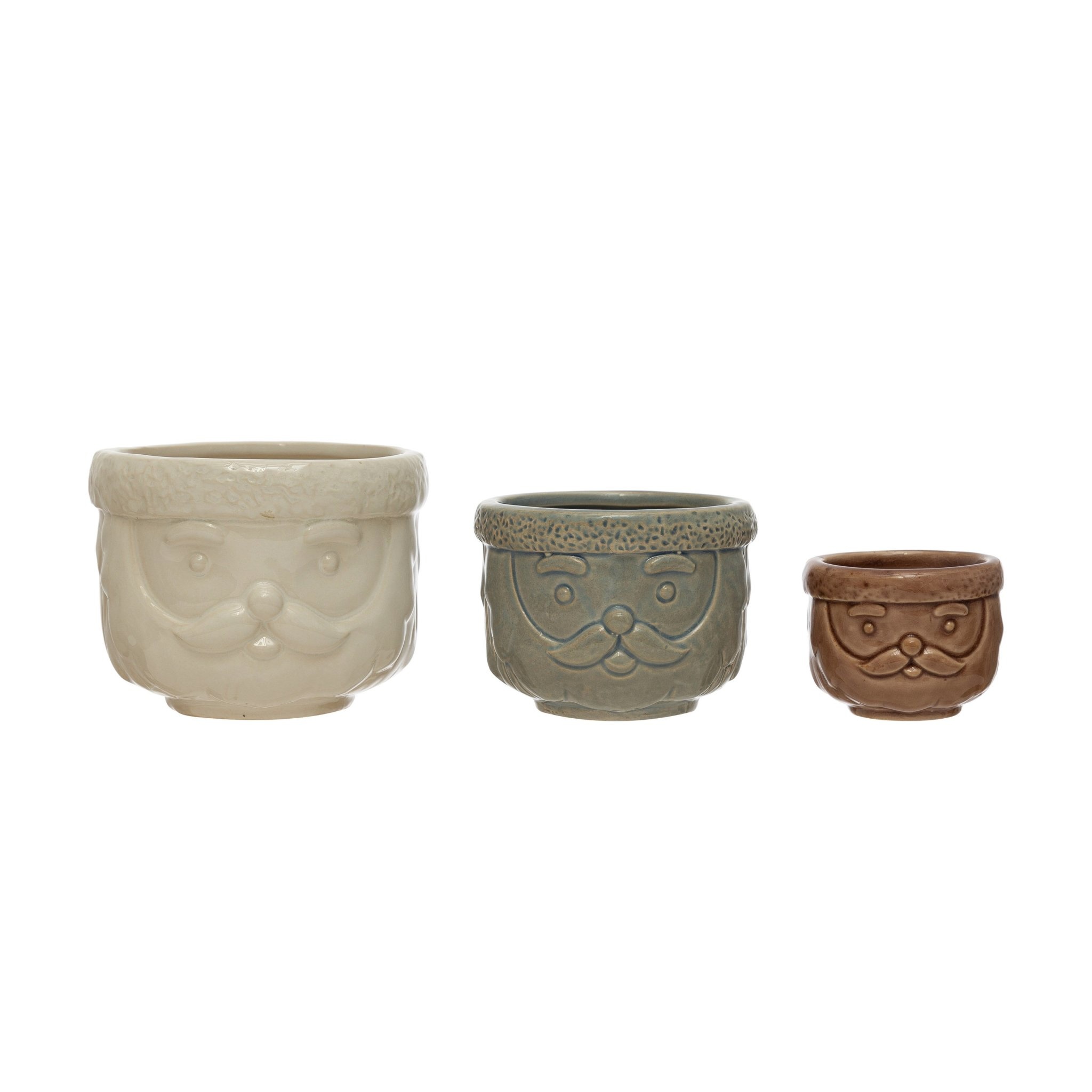 Decorative Stoneware Santa Containers, Crackle Glaze, Set of 3