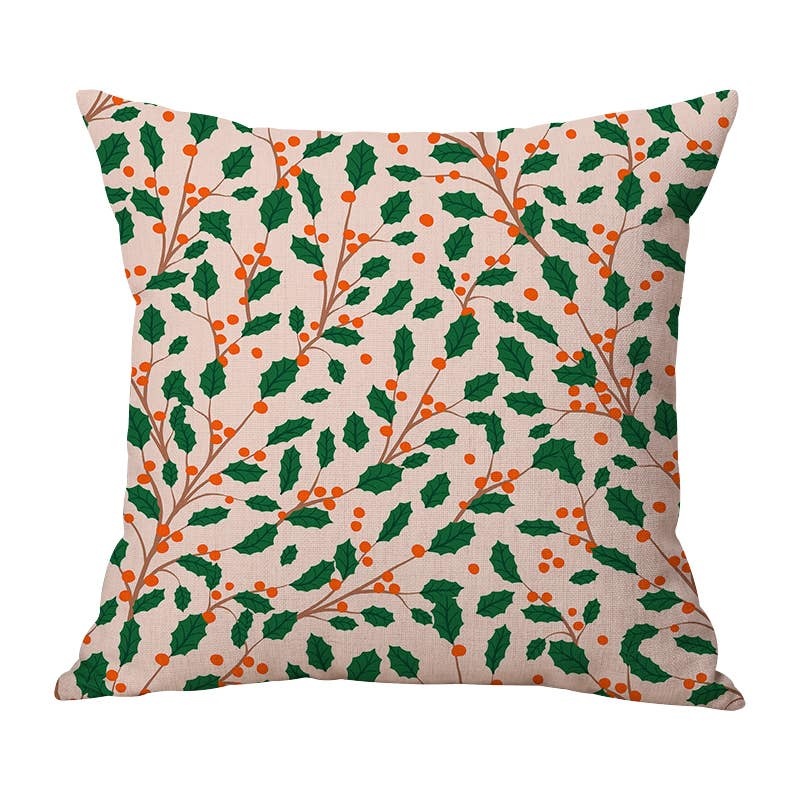 Outdoor Pink Holly Branch Pillow Cover, Indoor/Outdoor