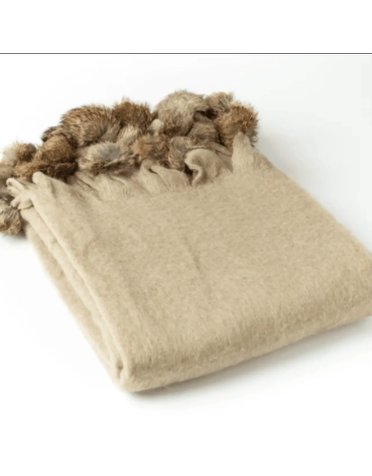 Mohair Trimmed Throw w/ Rabbit Fur Pom Poms, Beige 50" x 60"