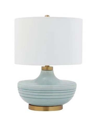 Ceramic Lamp w/ Linen Shade, Aqua,  16 x 23.5  Available for local pick up