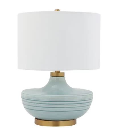 Ceramic Lamp w/ Linen Shade, Aqua,  16 x 23.5  Available for local pick up