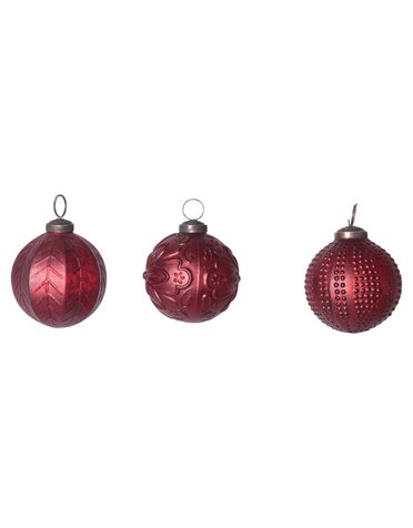 Embossed Glass Ball Ornament, Matte Red, 3 Styles 3" Round