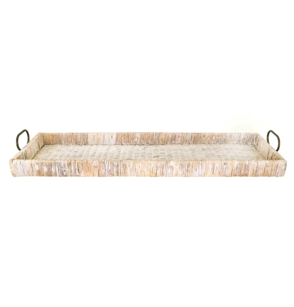Decorative Rattan Tray with Metal Handles, 38"x 12"