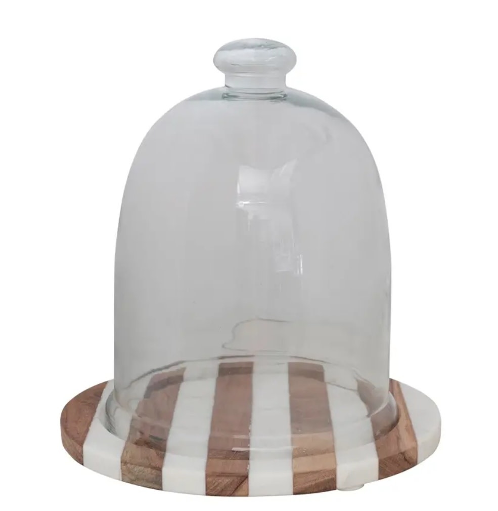 Glass Cloche w/ Striped Wood & Marble Base, 10" x 11", Available for local pick up