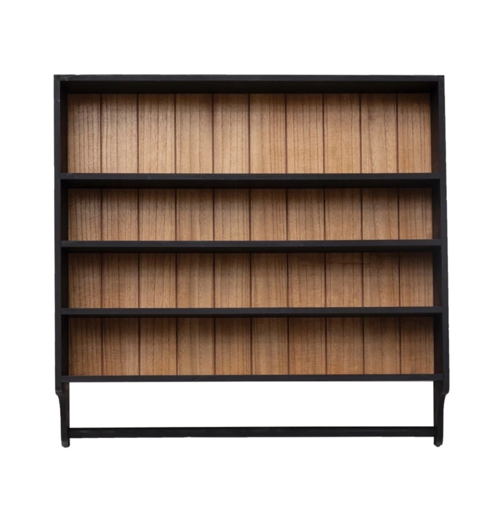 Wood & MDF Wall Shelf w/ 3 Shelves & Rod, Black & Stained Finish, Available for local pick up