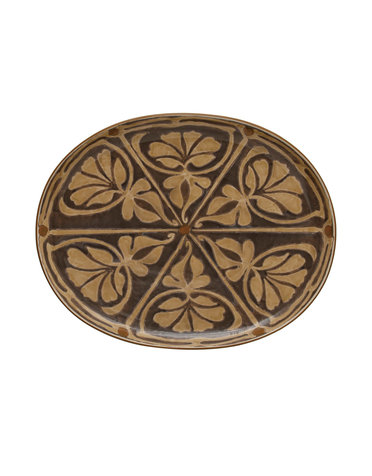 Oval Hand-Painted Stoneware Platter w/ Pattern, Brown & Taupe, Available for local pick up