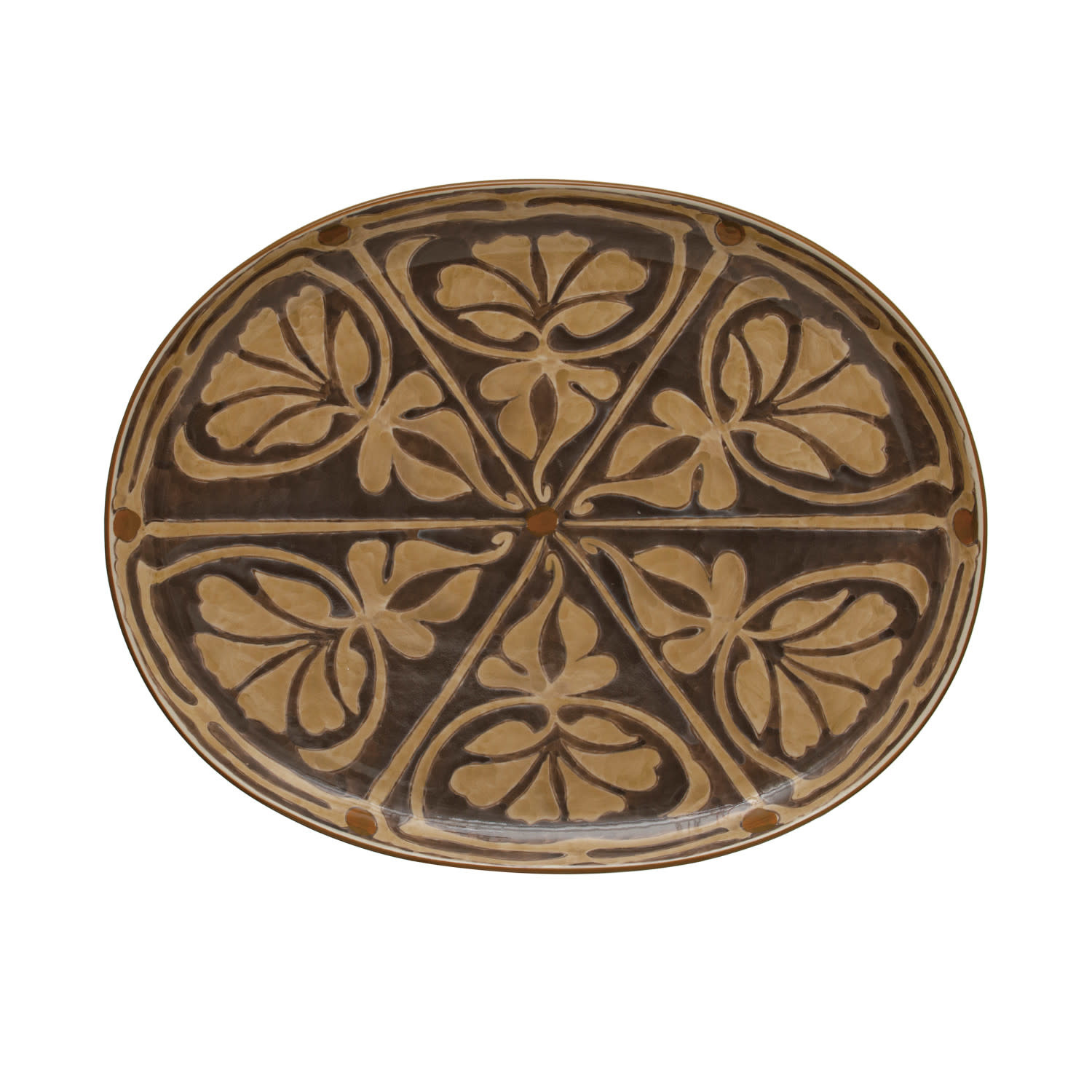 Oval Hand-Painted Stoneware Platter w/ Pattern, Brown & Taupe, Available for local pick up