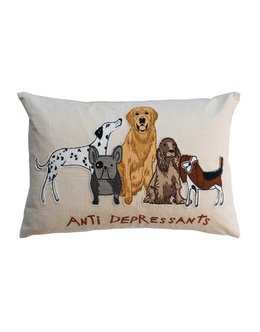 Embroidered Dogs "Anti Depressants" Lumbar Pillow