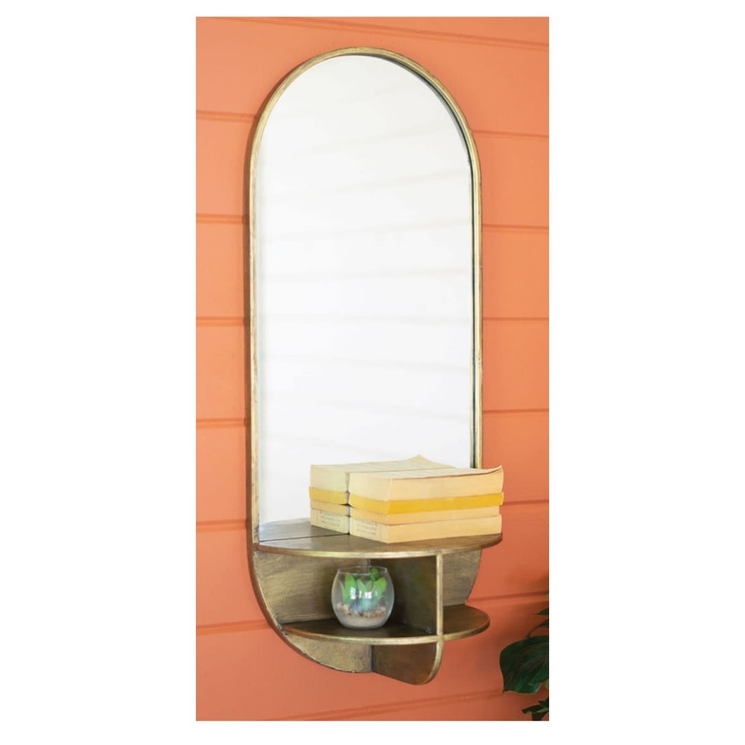 Tall Oval Antique Brass Mirror w/ Shelves 14x32, Available for local pick up